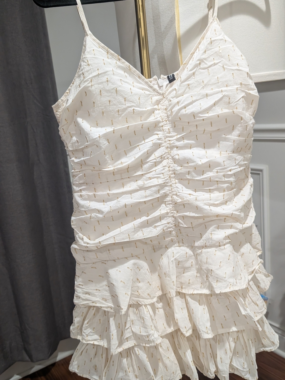 H&M Cream Dress with Gold Accent Ruching & Ruffle Skirt